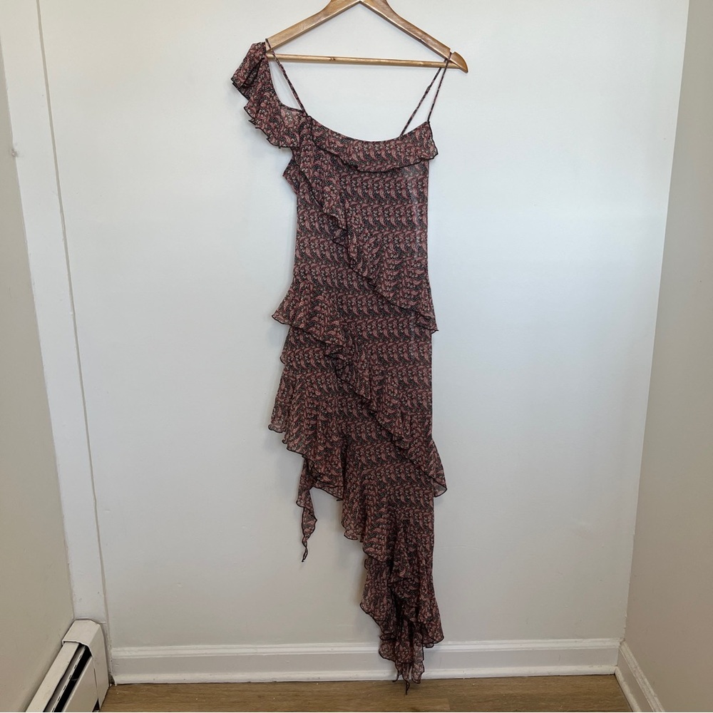 Urban Outfitters Paisley Print Ruffle Midi High Low Dress Pink Grey Black Size S